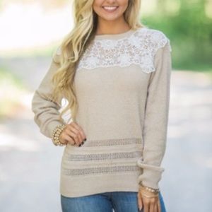 Tan Lightweight Sweater with Lace